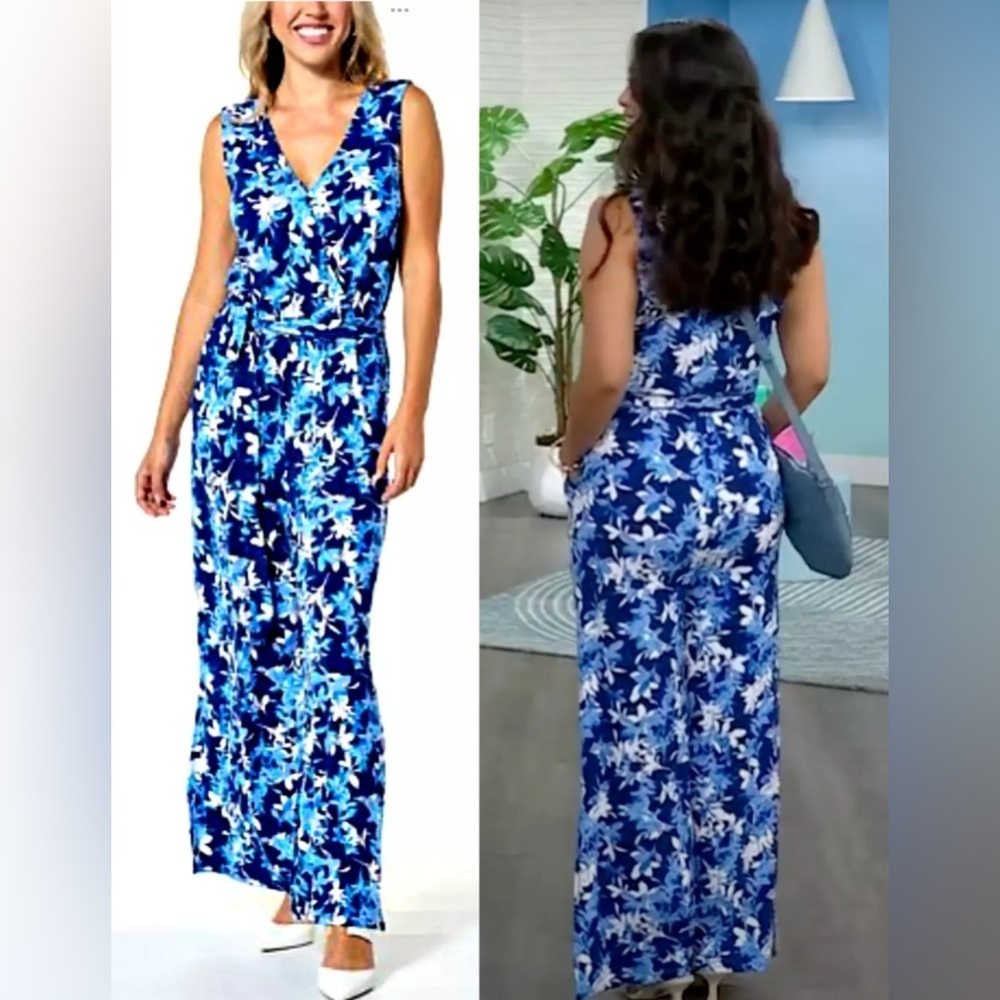 C Wonder Christian Siriano Blue Floral Jumpsuit Wide Leg Belted Pockets Medium